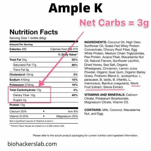 Ample K meal replacement nutrition facts label