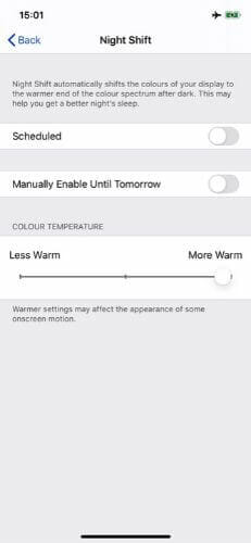 iPhone Night Shift schedule time option