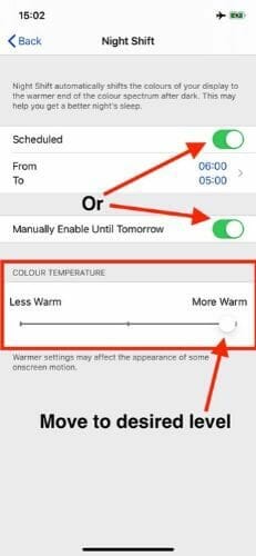 iPhone Night Shift schedule time option toggle and color temperature slider