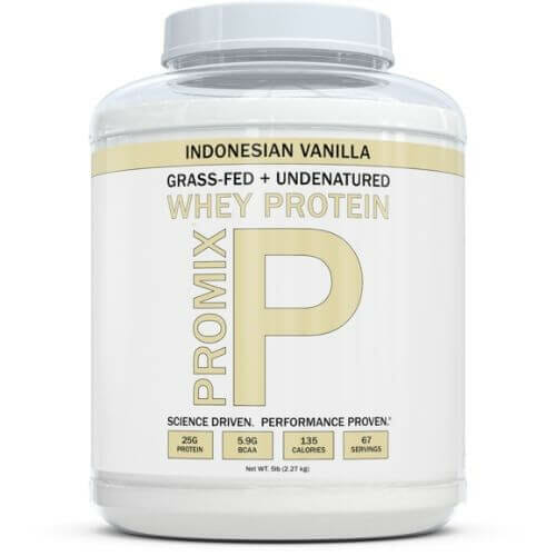Tub of Promix vanilla flavor grass-fed whey protein powder
