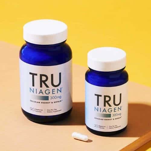 Tru Niagen supplement bottles of 30 and 90 capsules