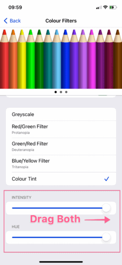 Move the intensity and hue to the far right