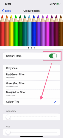 Tap to turn on colour tint option