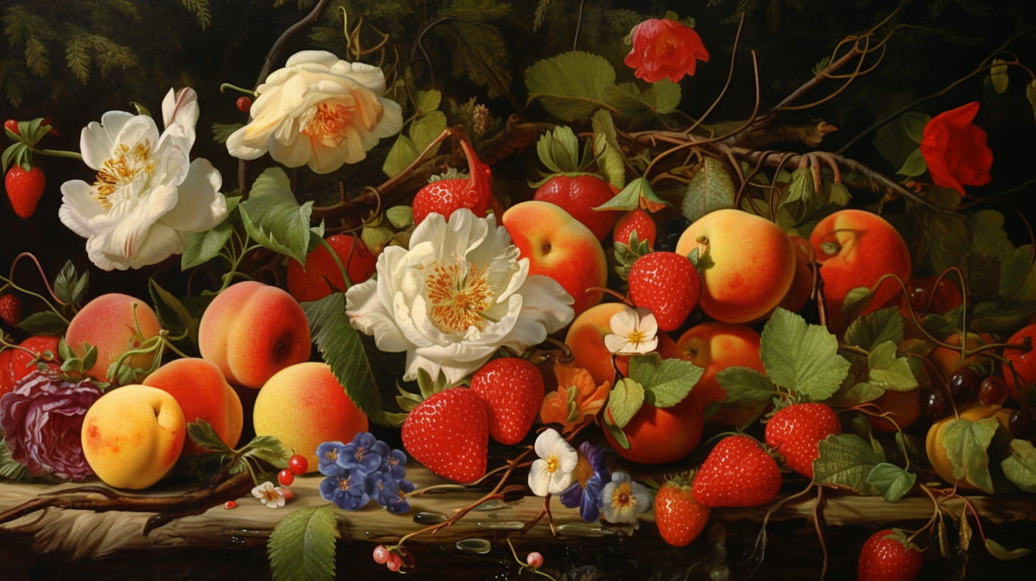 Wooden table with foods high in fisetin like strawberries, apples, persimmons, lotus fruits