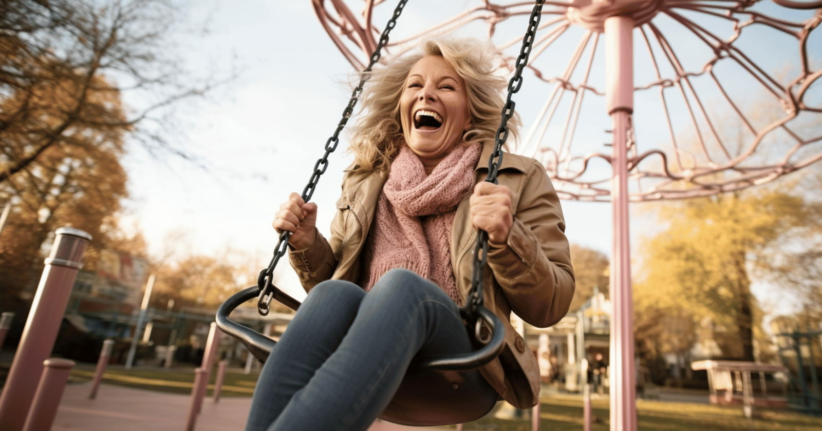 Middle aged woman on a swing having fun and feeling youthful