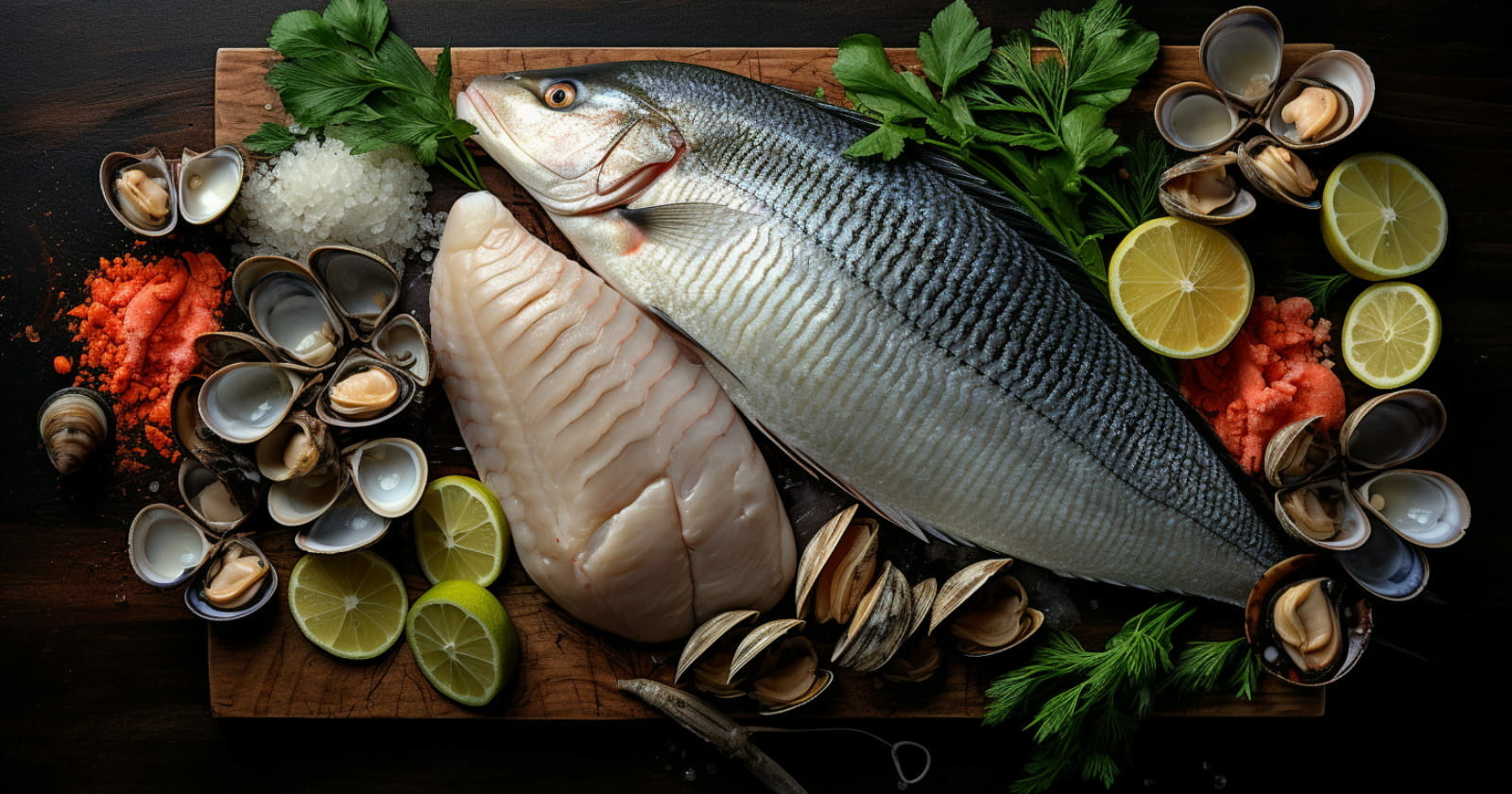 Table of foods rich in taurine like tilapia fish, seaweed, raw squid, clams, scallops